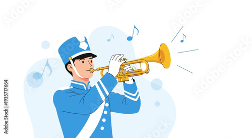 Young Musician In Uniform Playing Golden Trumpet With Musical Notes Floating Around