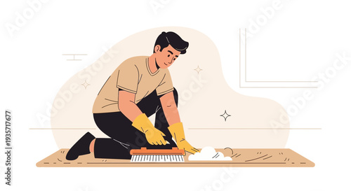 Young Man Cleaning Floor With Brush, Showing Concept Of Home Chores And Cleanliness