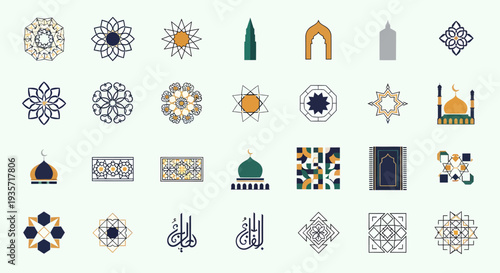 Islamic geometric patterns and mosque icons in a minimalist style