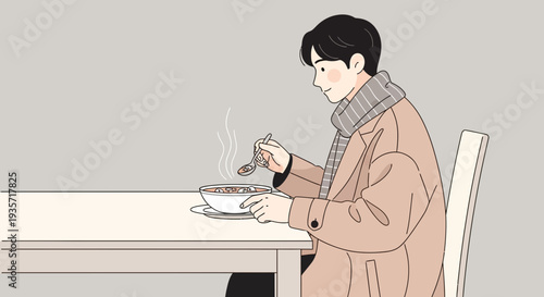 Young Man Enjoying A Warm Bowl Of Soup In A Minimalist Style Illustration