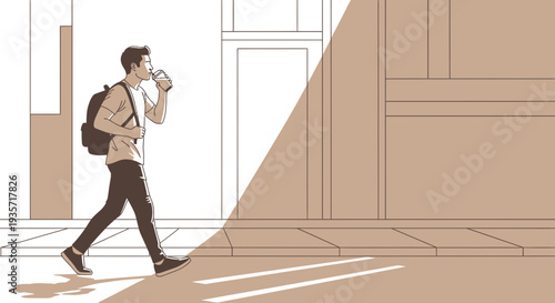 Young Man Enjoying Coffee While Walking Outdoors In City Street