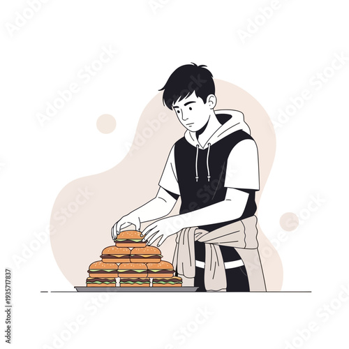 Young Person Arranging Stacked Hamburgers For Serving