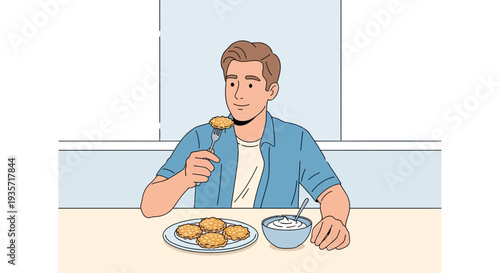 Young Man Enjoying Delicious Pancakes With Creamy Topping For Breakfast