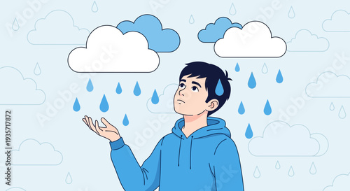 Young Person Caught In A Sudden Rain Shower Looking Up