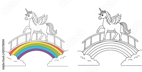 Magical Winged Unicorn on a Rainbow Bridge Above Clouds - Fantasy World Illustration