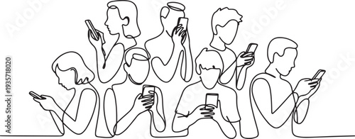 Continuous one line drawing People holding, using mobile phones concept.one line vector illustration with white background