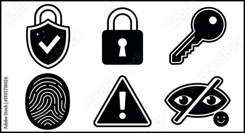 Minimalist flat security icon set close up padlock key fingerprint shield warning eye privacy vector layout black and white badge