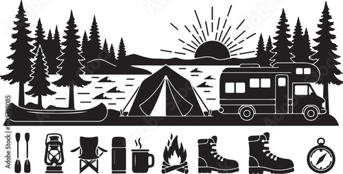 Black and White Camping Scene Vector Illustration with Outdoor Gear Icons isolated PNG with Transparent Background