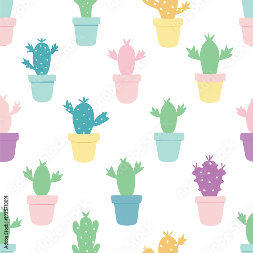 Playful pastel potted cacti seamless pattern for charming textiles and decorative designs