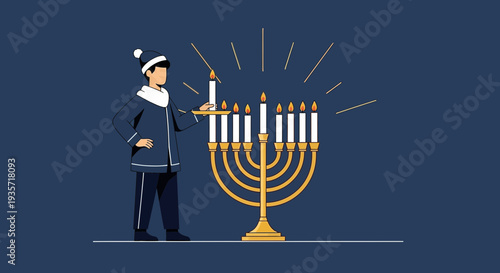 Young Person Illuminates Menorah With Candle During Festive Celebration
