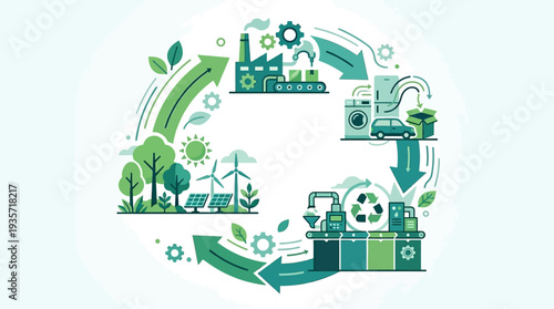 Circular economy process illustrating sustainable resource management from renewable energy to product lifecycle.