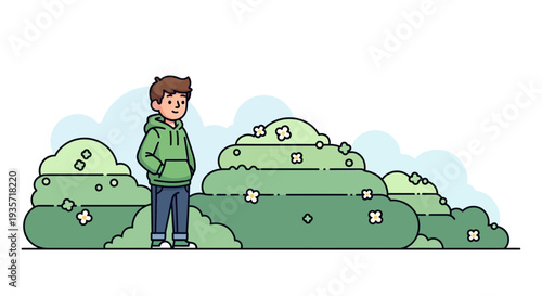 Young Person Standing Among Lush Green Bushes And Flowers