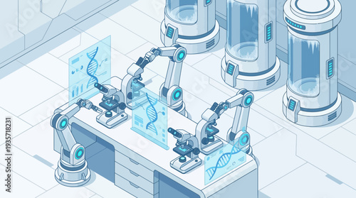An advanced isometric illustration of an automated futuristic laboratory showcasing robotic arms, microscopes, and holographic DNA data displays for scientific research.