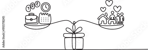 Continuous one line drawing work life balance icon. Surprise gift. Work life balance. Manage time well.one line vector illustration with white background