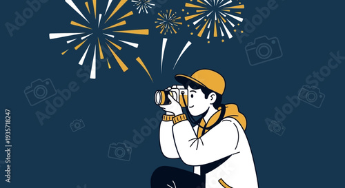 Young Photographer Capturing Festive Fireworks Display
