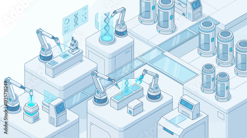 Advanced automated laboratory illustrating robotic arms precisely manipulating DNA strands for cutting-edge genetic engineering and biotechnology research innovation.