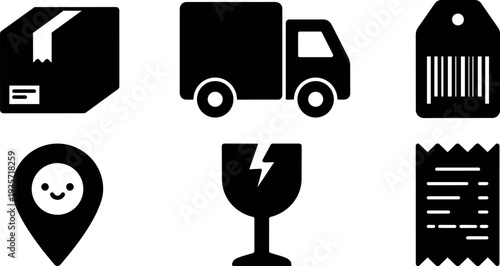 Flat design delivery and logistics icon set with package truck barcode fragile receipt smiling location pin simple silhouette black monochrome
