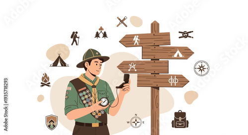 Young Scout Examining Compass Before Hiking Adventure With Directional Signs