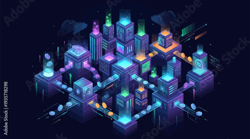 Isometric visualization illustrates complex blockchain technology with glowing data flow and digital currency processing systems