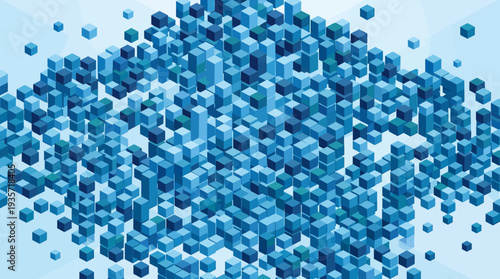 Abstract background illustration composed of numerous three dimensional blue cubes and varying height geometric blocks