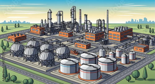 Aerial View of an Industrial Complex with Storage Tanks and Processing Units.