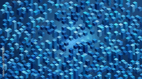 Abstract background featuring numerous varying shades of blue three dimensional isometric cubes representing digital data flow