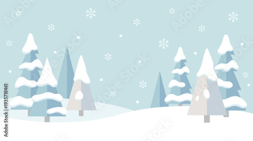 Charming minimalist winter forest scene featuring snow-covered pine trees gently falling amidst soft blue skies.
