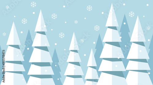 Stylized winter forest scene featuring abstract pine trees layered with snow and falling snowflakes, creating a festive, minimalist holiday illustration.