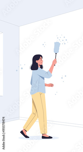 Young Woman Cleaning Wall With Duster Domestic Chores Routine