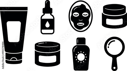 Flat design black silhouette skincare icons set eight beauty product symbols including cream tube dropper bottle face mask hand mirror