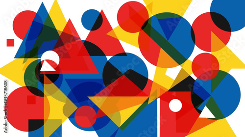 A vibrant abstract composition featuring an array of overlapping geometric shapes including circles, triangles, and squares in primary and secondary colors.