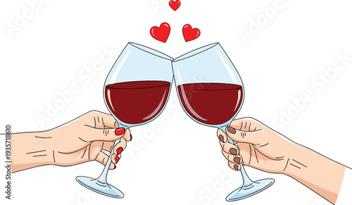 Two hands clinking red wine glasses with floating hearts for romantic date dinner celebration and Valentine's Day concepts