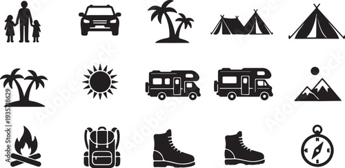 Set of 15 Black and White Travel and Camping Icons Vector isolated PNG with Transparent Background