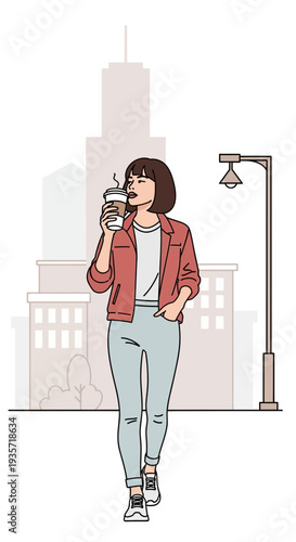 Young Woman Enjoying A Hot Beverage While Strolling Through A Modern City Street
