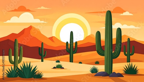 Serene Desert Landscape with Cacti and Setting Sun Illustration.