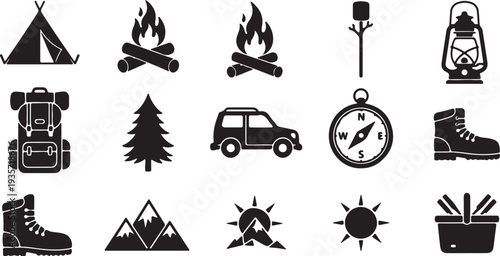 Set of 15 Black Camping and Outdoor Adventure Icons Vector isolated PNG with Transparent Background