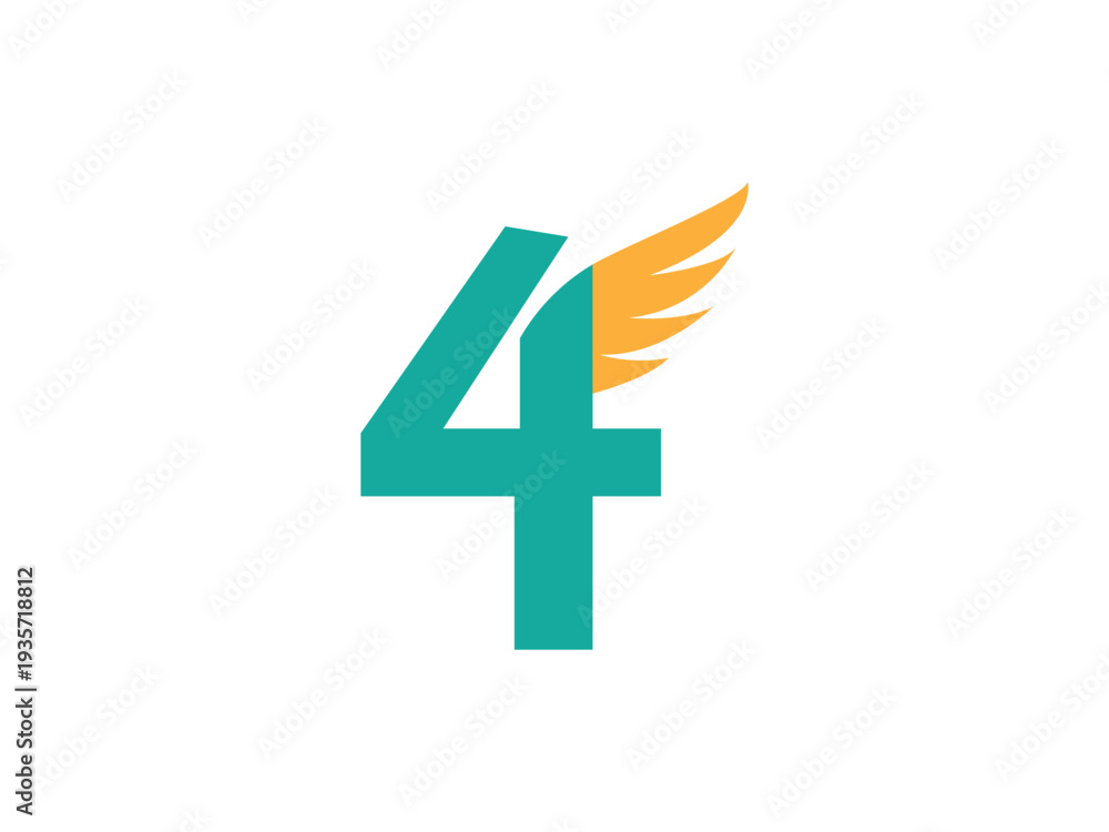 Obraz premium A vibrant teal number four with an attached golden wing symbolizing speed success and forward motion high quality