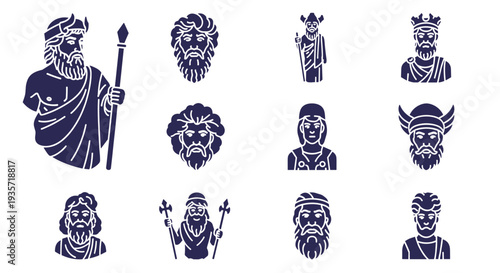 A collection of ancient mythological figures on transparent background