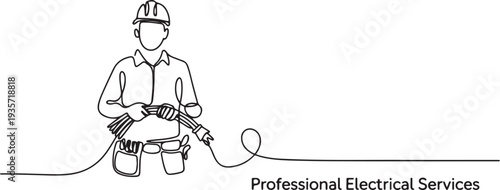Electrician, builder with cable one line art. Continuous line drawing of repair, professional, hand, people, concept, support, maintenance with inscription.one line vector illustration 