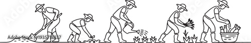 Farmer activity are preparing the soil, seeding, irrigating, weeding, and collecting the mature crops.one line vector illustration with white background