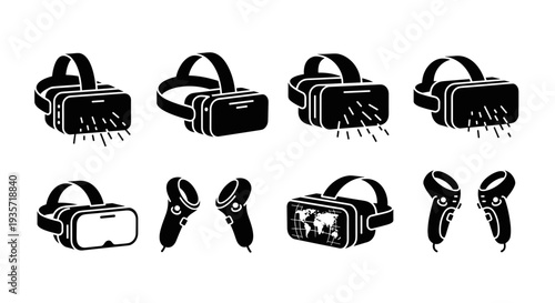 A set of black and white virtual reality headsets on transparent background