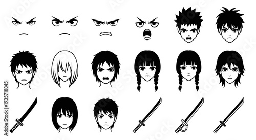 A set of anime style faces and swords on transparent background