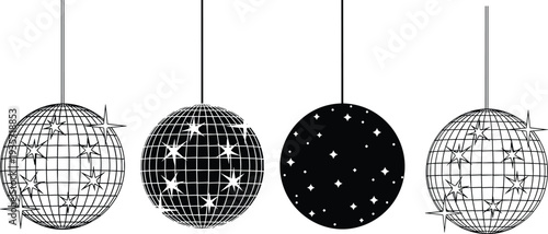 Disco ball vector set with wireframe and solid designs, shiny reflective sphere patterns for party, dance, nightlife, and digital artwork backgrounds