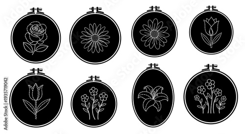 A set of floral embroidery designs on transparent background