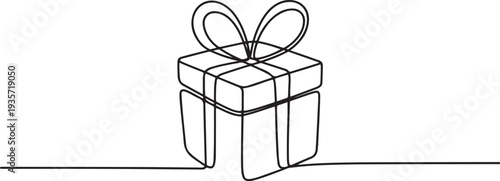 Gift box one line drawing. Continuous one line gift box.Presents with ribbon bow.Hand drawn greeting present box.Line art christmas surprise.one line vector illustration with white background