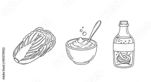 A line drawing of kimchi, yogurt, and kombucha on transparent background