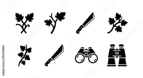 A set of black icons on transparent background including leaves and tools