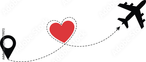 Romantic travel vector illustration with airplane silhouette, location pin, dashed flight path looping around red heart symbolizing love journey, adventure, affection, connection