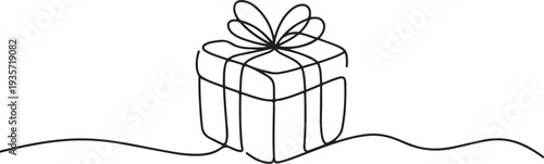 Gift box one line drawing. Continuous one line gift box.Presents with ribbon bow.Hand drawn greeting present box.Line art christmas surprise.one line vector illustration with white background