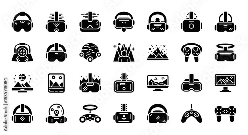 A collection of black virtual reality icons on transparent background
